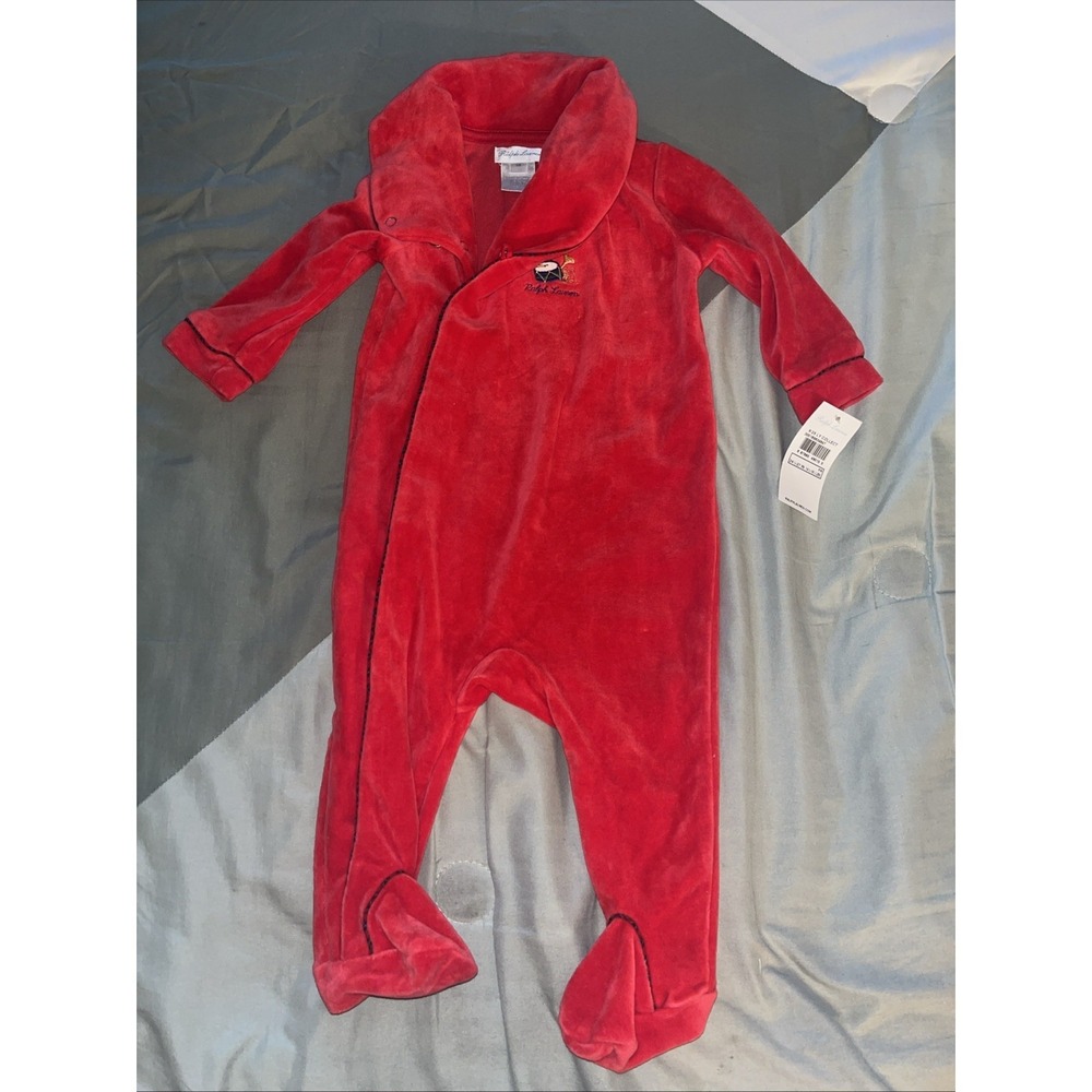 NWT BABY RALPH LAUREN Sz 6m RED VELOUR ONE PIECE FOOTED PAJAMA OUTFIT